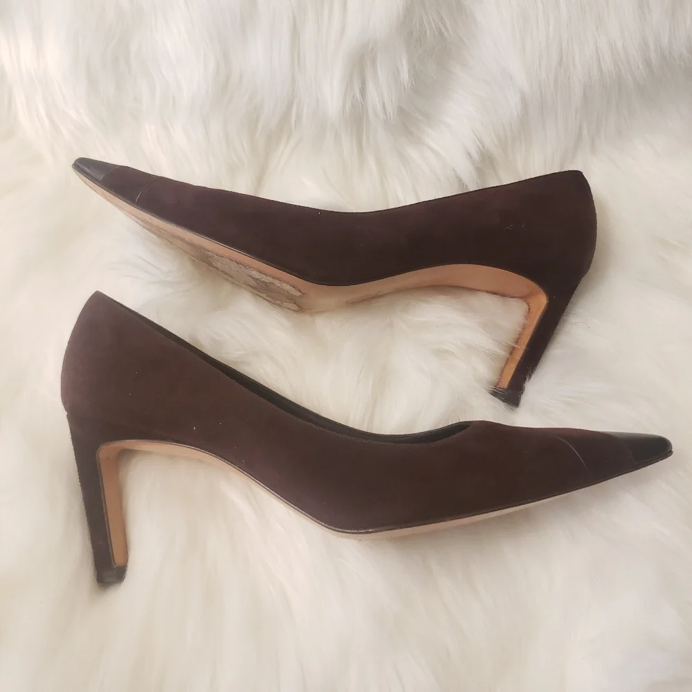 St John Leather & Suede Square Pointy Toe Pumps Size 38.5/US 8